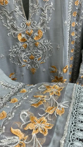 Pakistani Merakish Luxury Chiffon Stitched 3Pcs _ Spanish Gray 